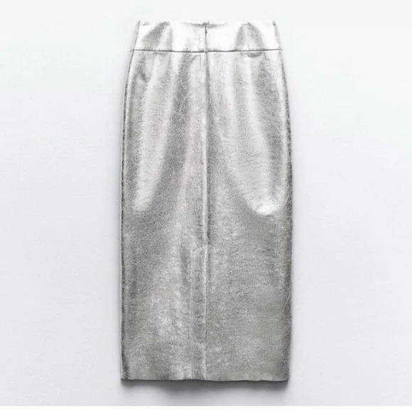 ZARA Stunning Silver Faux Leather Metallic Midi w/Broad Waistband & back slit🔥🔥🔥 - Picture 2 of 12